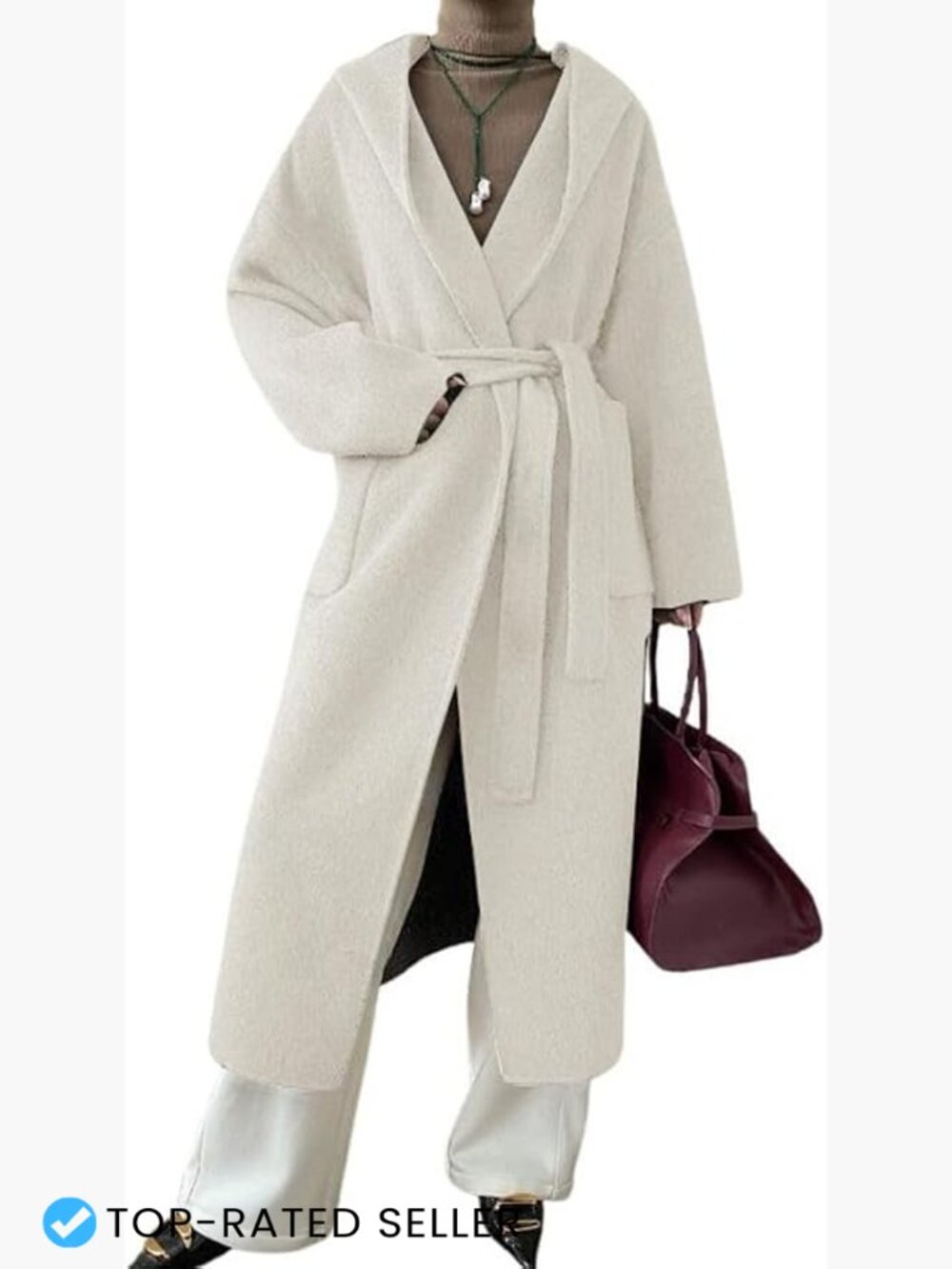 Open Front Hooded Wool Coat Loose Fit Belted Winter Pea Coat Midi Length